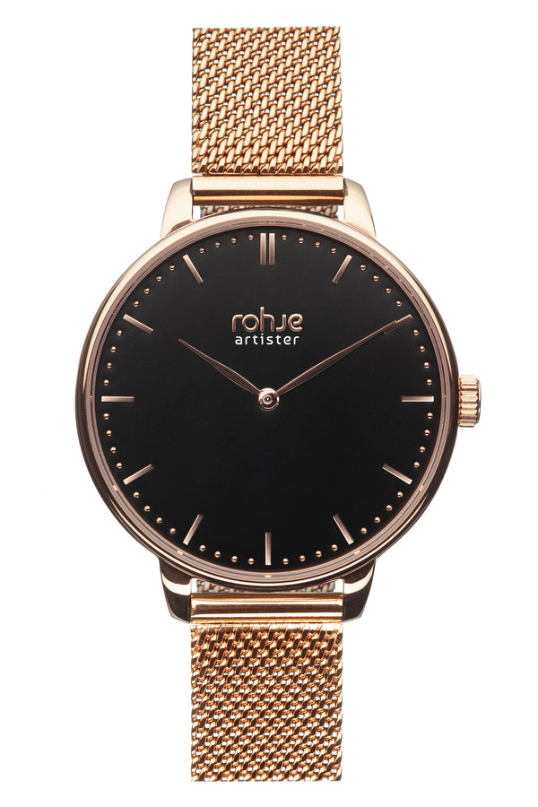 Rohje Artister Classic Black mesh-rannekkeella #strap_rose-gold-mesh